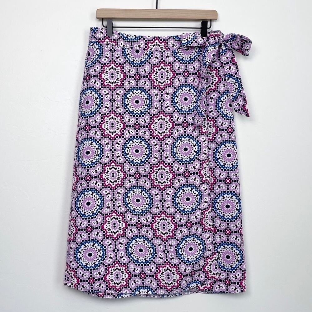 Ann Taylor LOFT Petite Side-Tie Purple Mosaic Tile Linen Midi Wrap Skirt SIZE 8